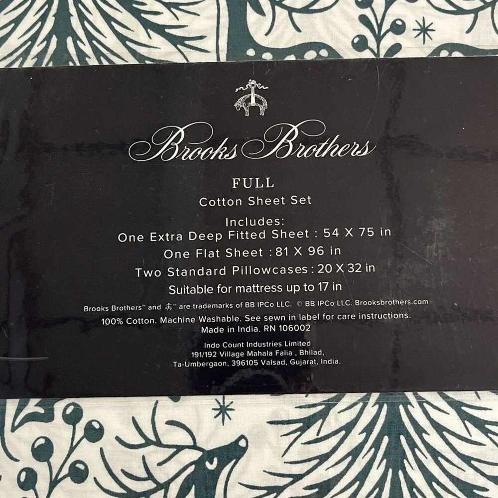 Brooks Brothers Full Cotton Sheet Set Green Reindeer Tree Holiday Woodland 4pc
